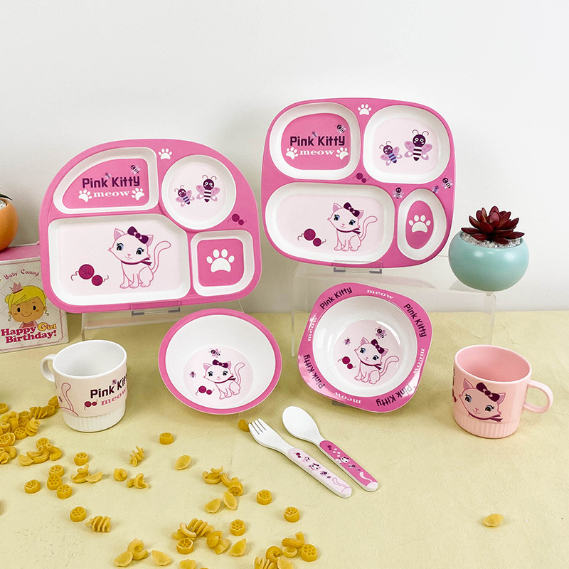 Food grade melamine tableware children's cartoon plate kindergarten children's compartment plate Cup Bowl Spoon suit