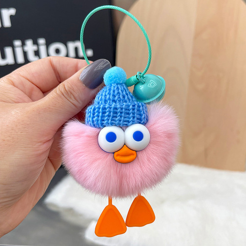 Real rex rabbit fur duck car keychain pendant cute little briquettes plush doll doll school bag pendant