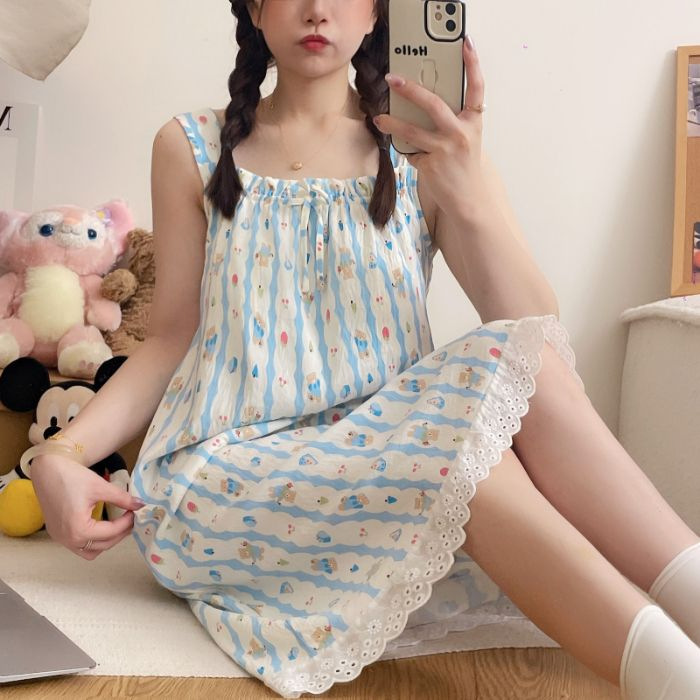 Nubes de verano, gasa de algodón, almohadilla para el pecho, camisón, camisón, verano femenino, dibujos animados de longitud media, ropa dulce para el hogar, pijamas, uso externo