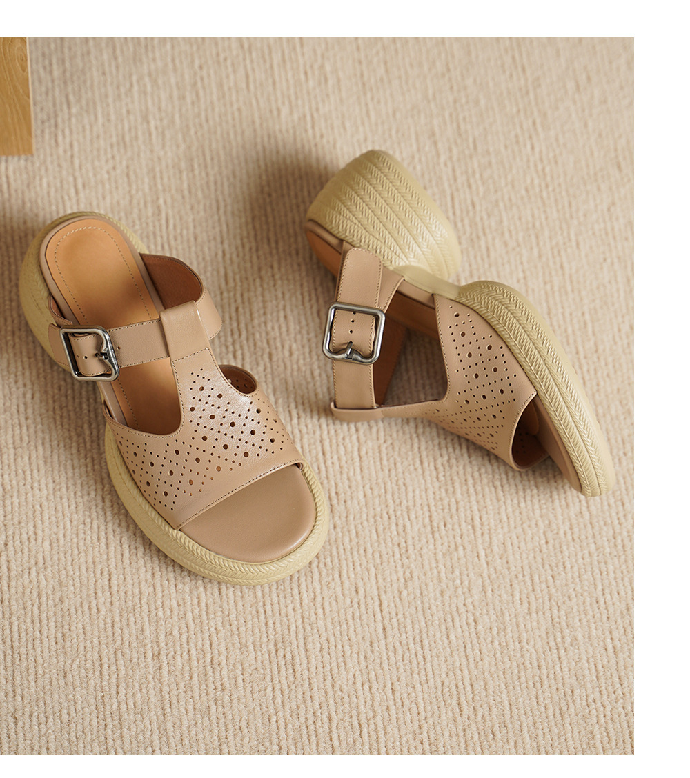 Sandal nữ da bò cao gót quai chữ T đế dày — đen chi tiết 17