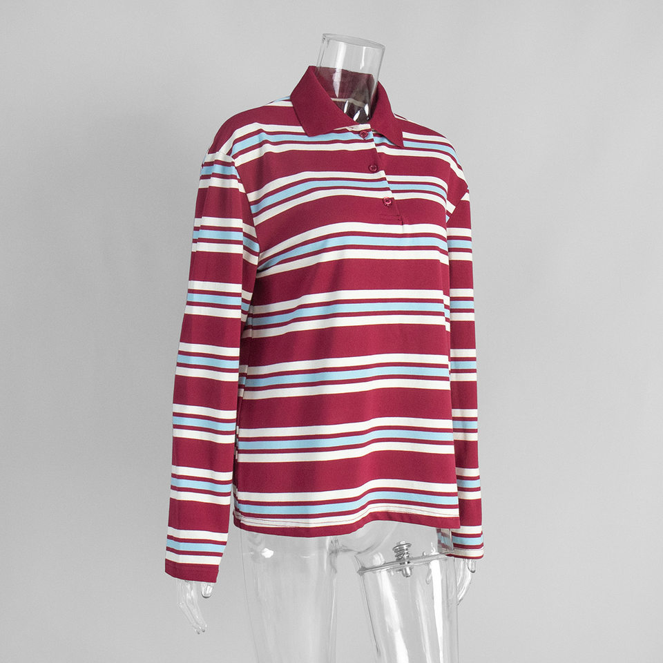 Áo thun nữ sọc dài tay cổ polo dáng rộng phong cách retro — hồng, màu nâu, nâu sẫm, quần kaki chi tiết 5