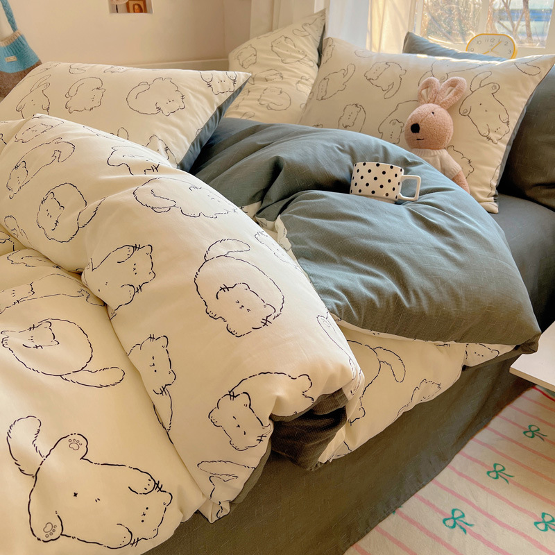 Cartoon Pure Cotton Bedding Four-Piece Set 100% Cotton Household Student Dormitory Duvet Cover Bed Sheet Bedding Three-Piece Set