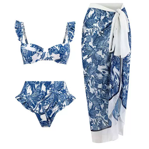 043 Blue Dragonfly Wrap Skirt Suit