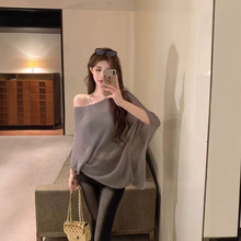 欧美新款宽松慵懒不对称设计透视罩衫斗篷式遮肉针织防晒衣上衣