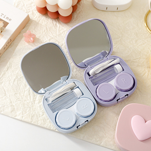 Macaron color square love contact lens case, contact lens storage box, portable mirror, contact lens companion box