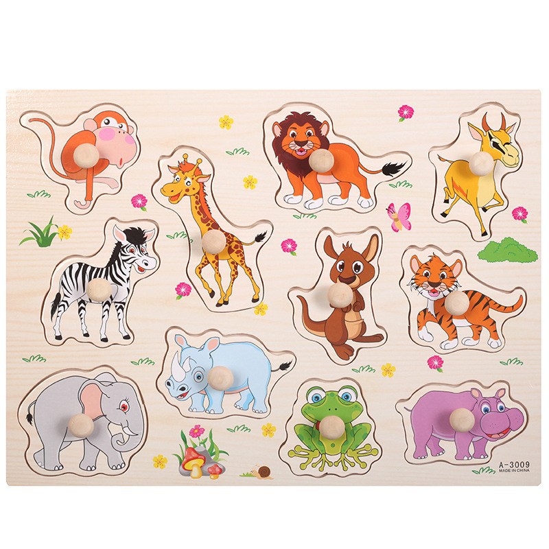 Grandes incrustados de madera de los niños tablero de la mano del rompecabezas bloques de construcción rompecabezas de desarrollo de inteligencia bebé juguetes de educación temprana cognitiva