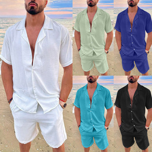 2023 Amazon ebay Best Selling Hawaii Explosions Men's Summer Lapel Cotton Linen Solid Color Short Sleeve Shorts Set