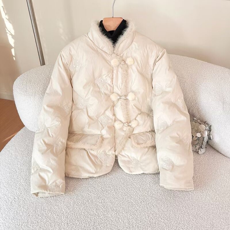 Winter down Jacket Women's National Style Versatile Embroidered Jacket High-End Mink Fur Stand-Up Collar Warm Coat