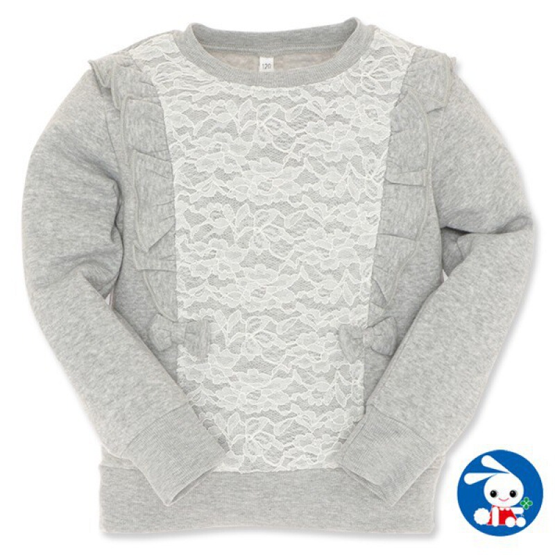 26 Winter Solid Color Trendy Girls' Cotton Sweatshirt in Stock, Gray Non-Hooded Cotton Lining Pullover with Lace Decoration and Fleece Lining