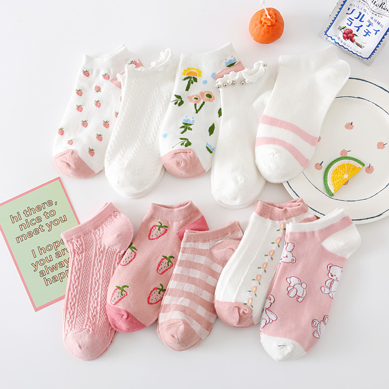 21春夏薄款日系袜子ins潮女甜美条纹草莓粉色系船袜短袜ins棉袜