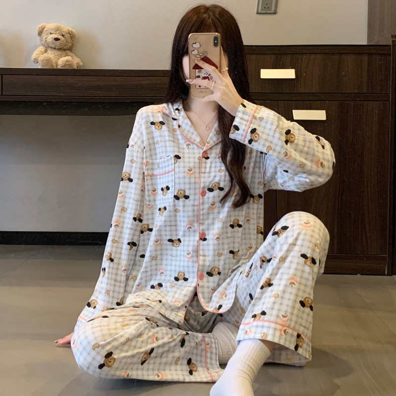 Al por mayor transfronterizo nuevo primavera y otoño pantalones de manga larga pijamas cardigans con ropa casualizada de algodón de dibujos animados