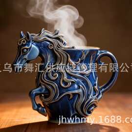 跨境鎏金奔马立体浮雕马克杯 华贵艺术风马术主题桌面杯