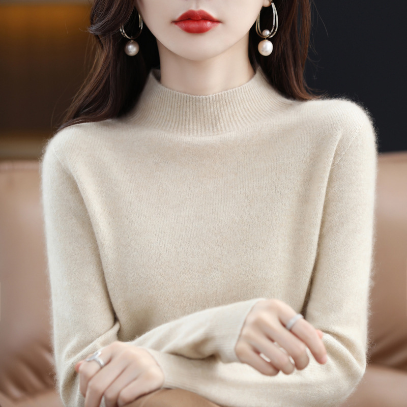 Ropa de primera línea medio cuello alto 100 suéter de lana pura suéter de color sólido de las mujeres camisa de fondo de punto del todo fósforo
