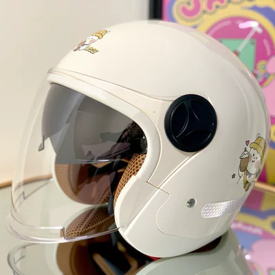 Women, All-Season Motorcycle Safety Helmet, Motosiklet kaskı (dəbilqə) - rice-white-milk-tea-rabbit-hd-anti-fog-double-mirror-model-new-national-standard-class-a-one-size-fits-all-55-60cm