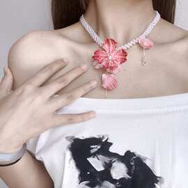 粉色花朵波浪蕾丝珍珠项链女高级感小众锁骨链choker