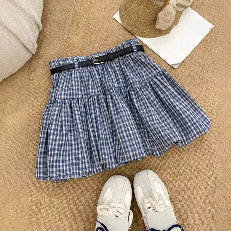 大码胖mm设计感蓝色格子裤裙花苞半身裙女夏季韩系高腰A字短裙子|undefined