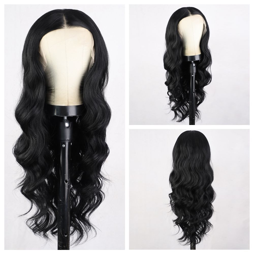 Peluca sintética larga ondulada negra para mujer con encaje frontal de 13x4 mm, estilo europeo americano, gorro de tamaño promedio, extensiones de cabello con ondas corporales._voghion.com