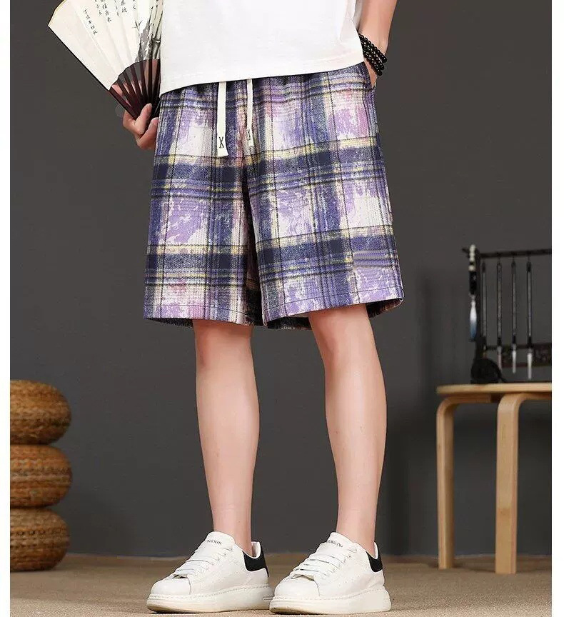 Men's Tie Dye Plaid Shorts High Street Trendy Summer Thin Casual Retro Style Loose Five Point Pants_viptrois.com