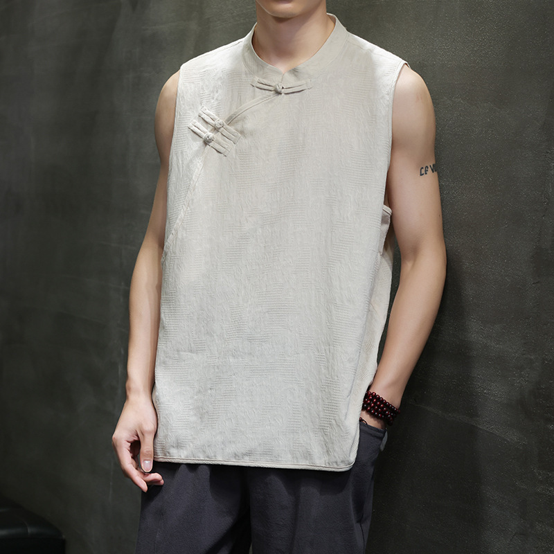 Summer Hanfu Men's Loose plus size Cloth Buckle Vest Vintage Cotton Linen Men's Sleeveless Chinese Style Cloth with Vertical Collar