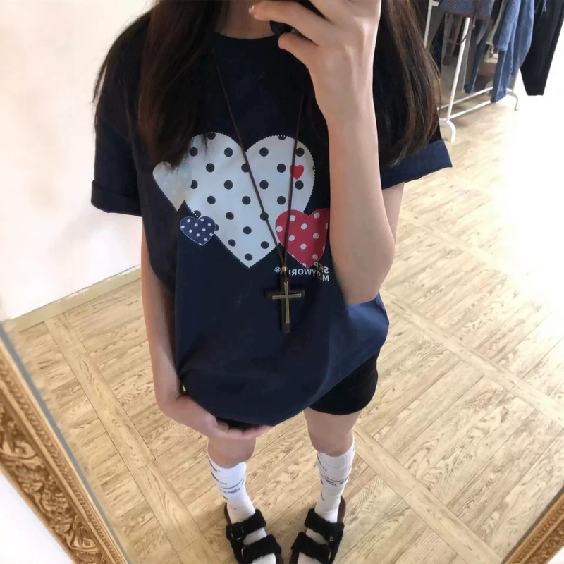 Korean Style Large Size Pure Cotton Heart-Printed Short-Sleeved T-Shirt for Women, New Summer Style, Age-Reducing, Loose, Cute, Casual Ins-Style Top