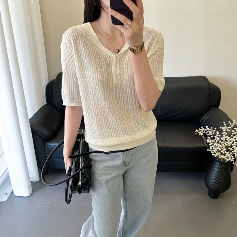 Blue Striped Short-Sleeved T-Shirt for Women 2026 Summer New Style Fine Wool Navy Collar Loose Casual T-Shirt Top