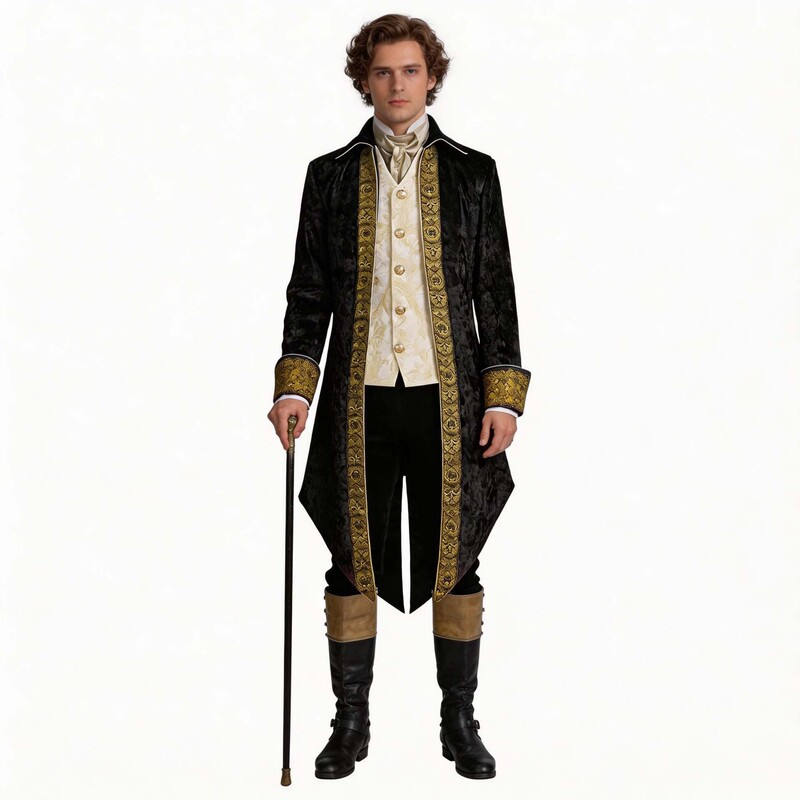 European Retro Steampunk Gold Velvet Tailcoat with Gold Jacquard Trim, Medieval Men's Court Attire
