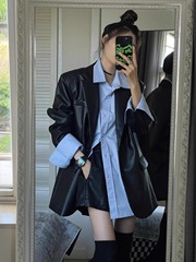 皮衣西装外套女2025早秋外套新款黑色复古宽松休闲气质感上衣