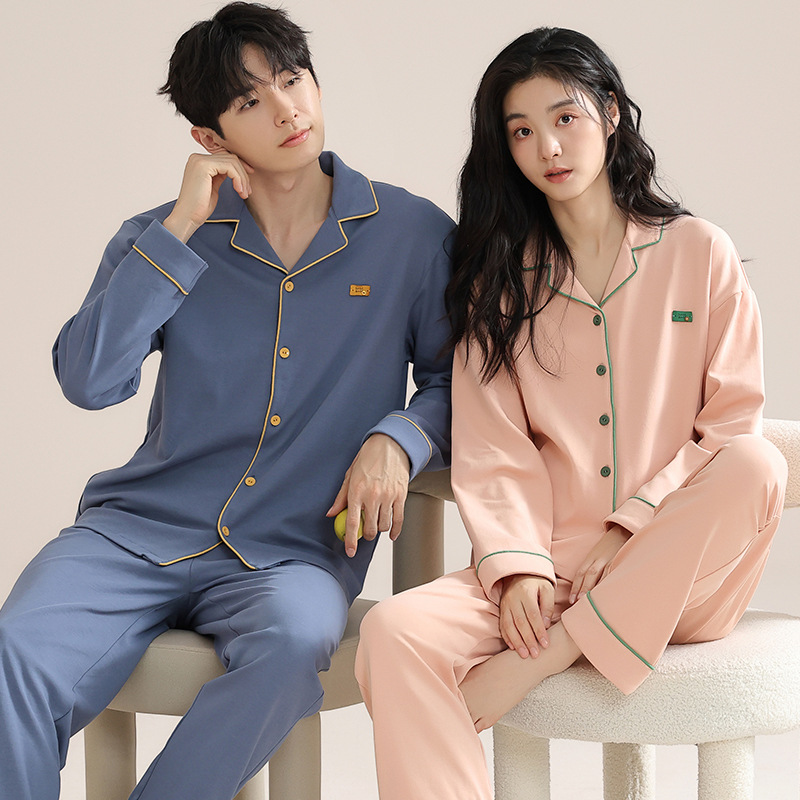 Algodón puro pareja pijamas de las mujeres del otoño nuevo simple chica lycra algodón manga larga vestir prendas exteriores desgaste los hombres traje
