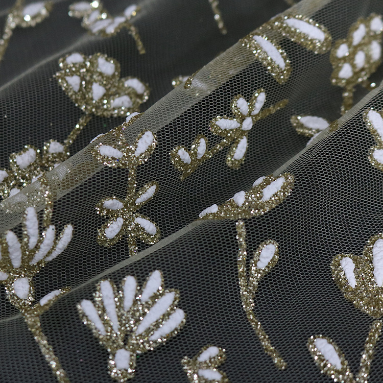 Después del proceso de tela de malla poliéster todo hilo de malla pulverizado tela de oro primavera y verano vestido de boda vestido de princesa tela