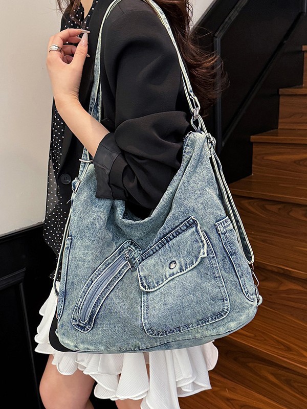 Bolso Tote de mezclilla retro americano de gran capacidad para mujer nueva bolsa de mensajero de hombro de viaje de alta calidad transfronteriza