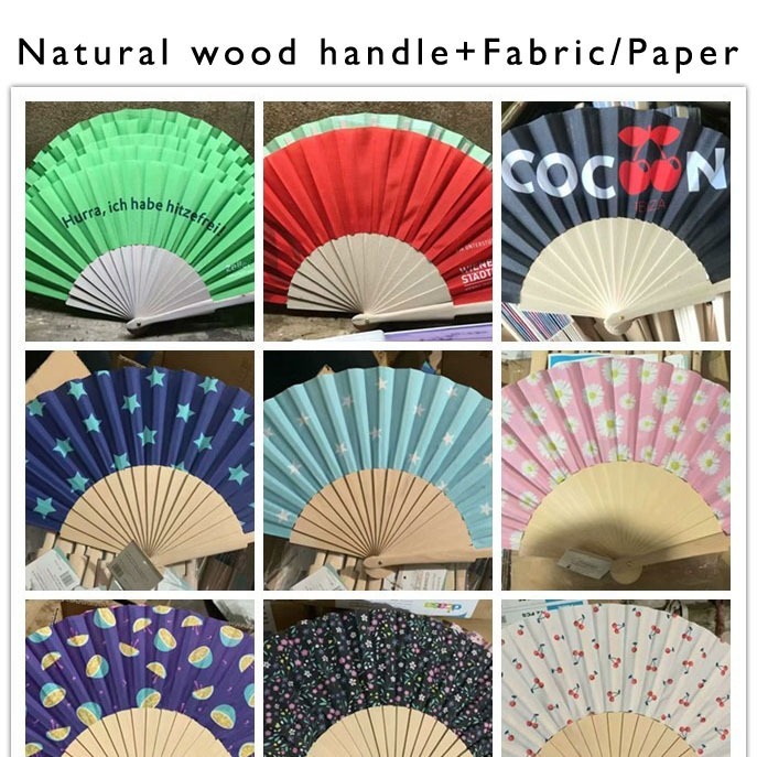 Abanicos Publicitarios Personalizados, Abanicos Plegables Españoles de Madera con Radios de Madera, Superficie de Tela de 18 y 24 Pulgadas Cuadradas, Abanico con Logotipo Impreso a Color