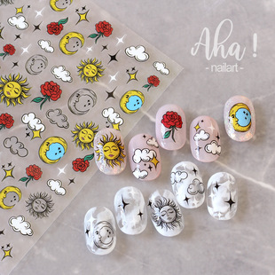 Aha Nail Glue Sticker ins European and American Hand-painted Wind Sun Star Moon Clouds Hand-painted Rose Flower Nail Sticker