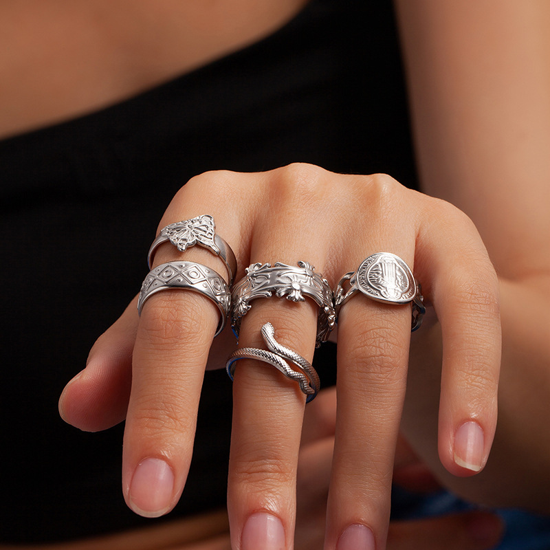 Stone-Free Inlay Material Rings Classification Wholesale Jewelry Retro Geometric Snake Butterfly Titanium Steel Plating Open Rings