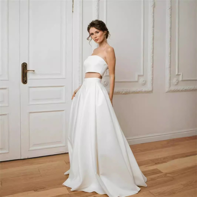 French Style Light Wedding Dress Satin Simple Split High-end Sense Strapless Niche Design Sense Elegant Banquet Evening Dress for Women French Style Light Wedding Dress Satin Simple Split High-end Sense Strapless Niche Design Sense Elegant Banquet Evening Dress for Women