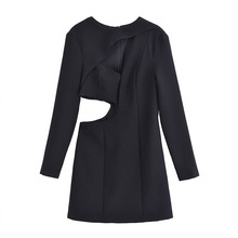 2025春夏季新款女装气质简约时尚圆领纯色镂空设计长袖迷你连衣裙