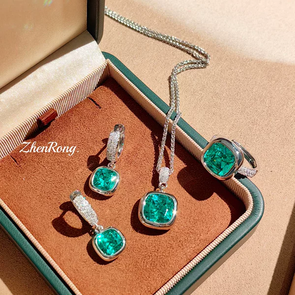 Light Luxury French-Style Paraiba Small Square Earrings, Sugar Cube Ear Clips, Ocean Blue Pendant Necklace, Large Square Rose Red Ring for Women