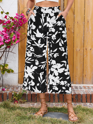 Independent station European and American printed pants, elastic waist wide-leg pants for women, casual nine-inch pants, show long legs