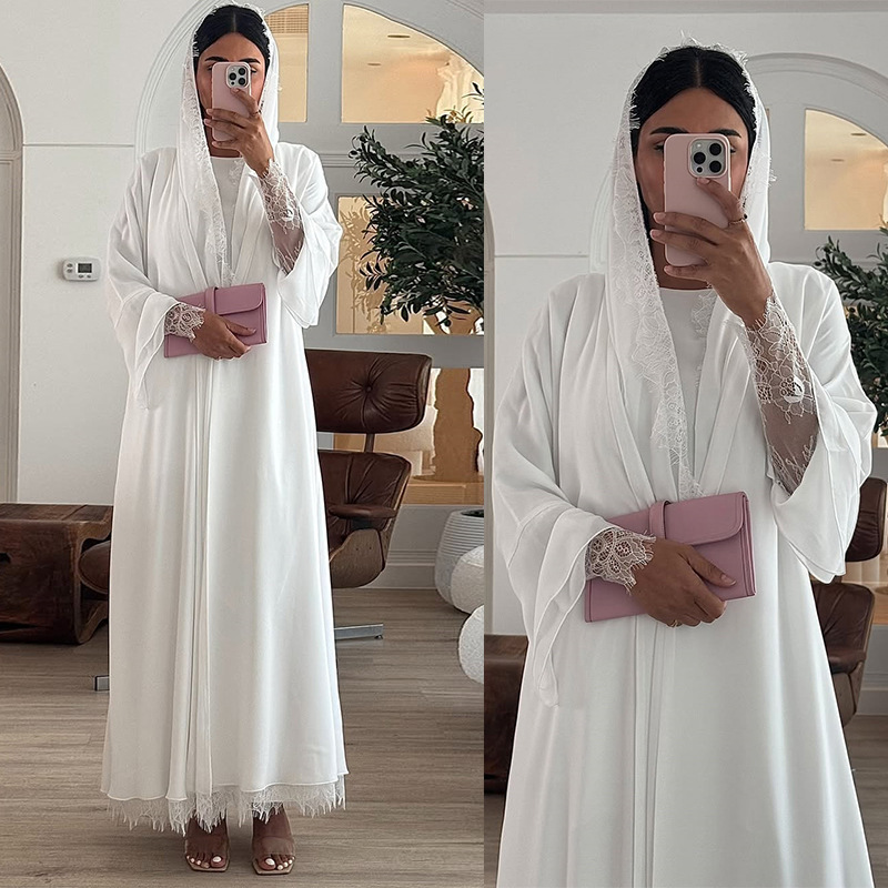 Mq221 Modest Cross-Border Outerwear Clothing for Women with Headscarf, Chiffon Splicing, Lace Trim, Fashionable and Lined