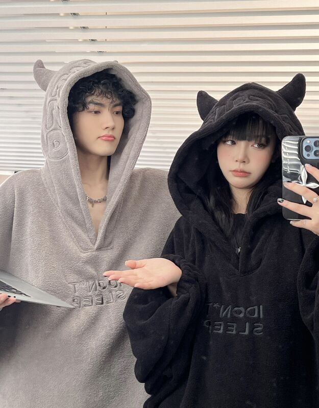 Imp Devil Hooded Nightgown Winter Coral Fleece plus size Home Clothes Men's and Women's Couple Embroidered Pajamas Oversized Sweatshirt Trendy