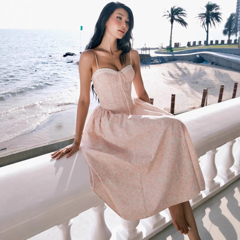 Foreign Trade European and American Cross-Border Printed Waist Long Elegant Pink Dress Sexy Suspender Skirt Seaside Vacation Skirt