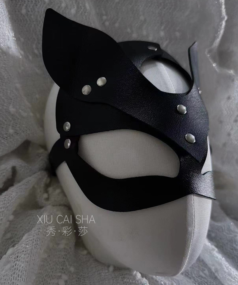 Leather Rabbit Eye Mask Hood, Black Flirting Blindfold Accessory — detail image 6