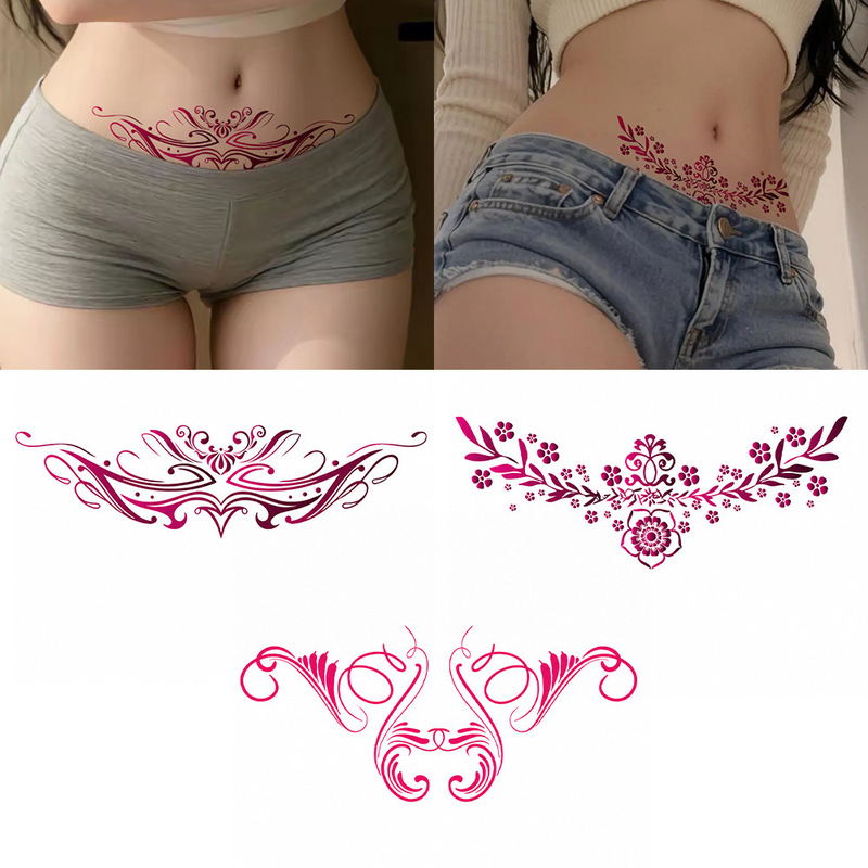 Soft Rose Red Waist Tattoo Sticker, Vintage Vine Floral Waist and Abdomen Simulated Temporary Tattoo Sticker