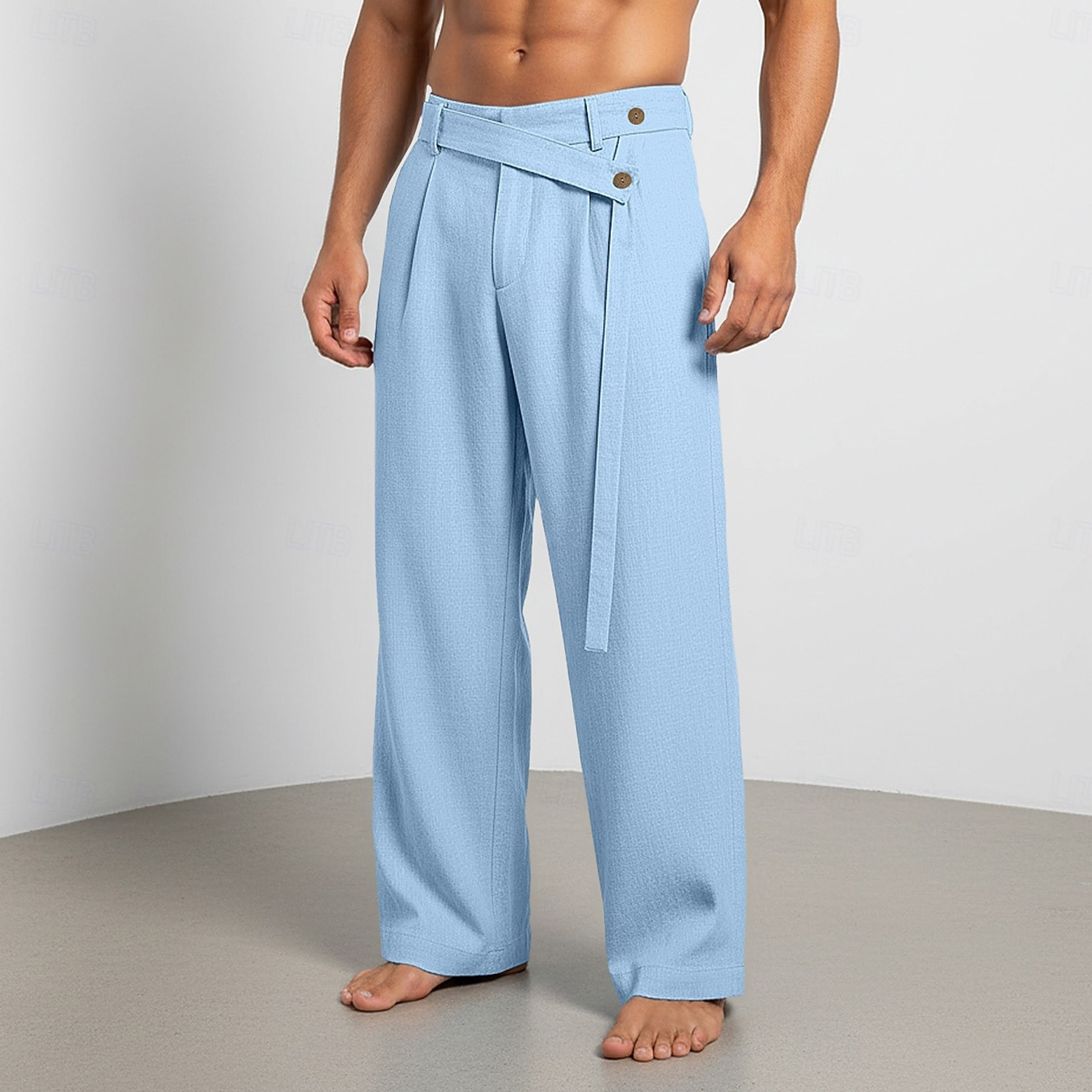 Men's Solid Color Linen Pants Simple Loose Fit High End Straight Leg Casual Midweight Polyester Long Trousers_viptrois.com