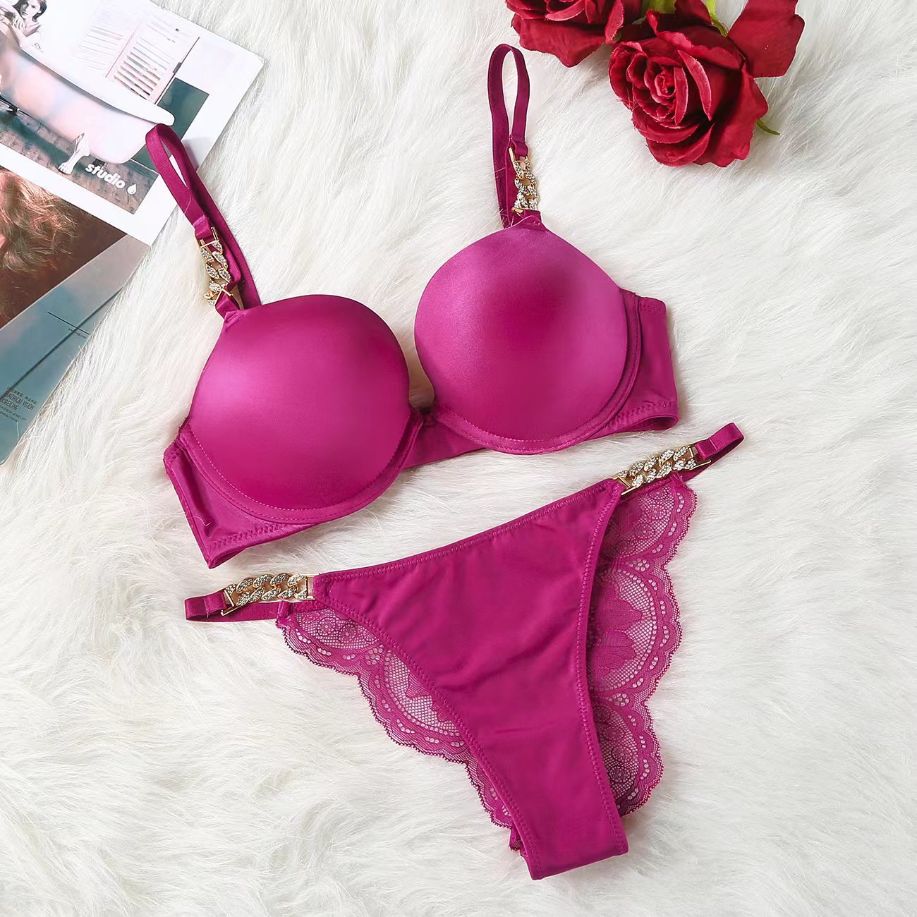 Salvaje sexy brillante flor negro personalidad cadena textura sujetador grueso Copa superior Soporte ropa interior de las mujeres soporte superior sujetador ajustable