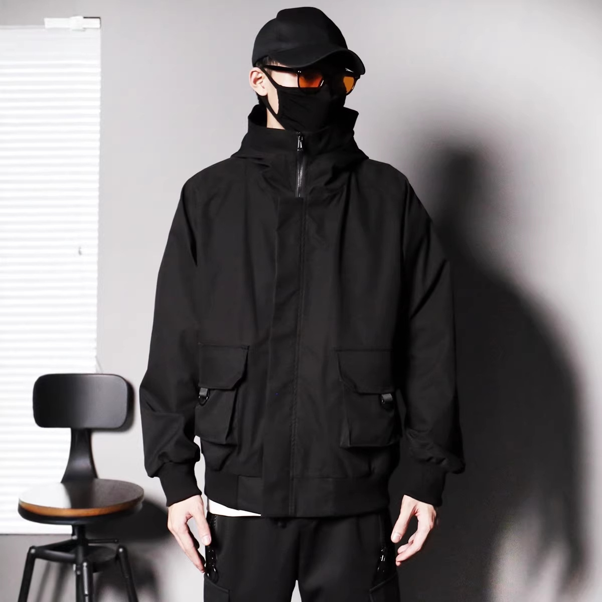 Functional Thickened Cotton-padded Jacket for Men, Autumn and Winter, Loose Fit, High Street Style, Hooded, Ribbon, Hip Hop Cotton-padded Jacket, Thickened and Warm