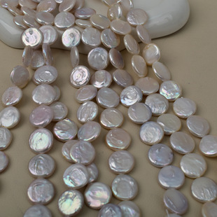 Strong light baroque button pearl 15-16mm white transparent powder natural freshwater pearl coin bead disc loose bead