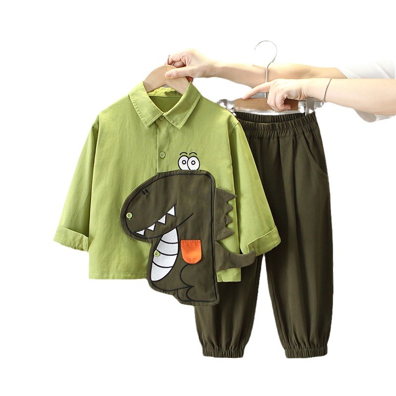 5911 Traje de otoño para niños 2025 Nueva camisa de dinosaurio de moda Ropa de manga larga de primavera y otoño para niños de dos piezas