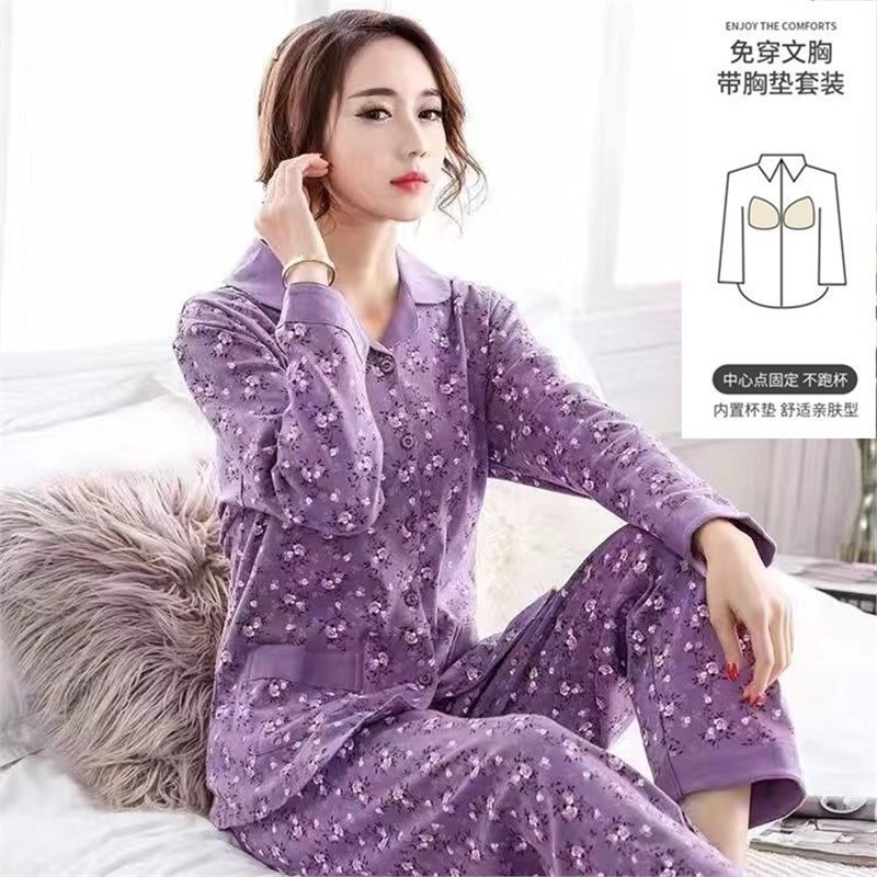 Pijama con cojín de pecho para mujeres primavera y otoño mangas largas 2023 nuevo conjunto de ropa de casa de otoño para mujeres