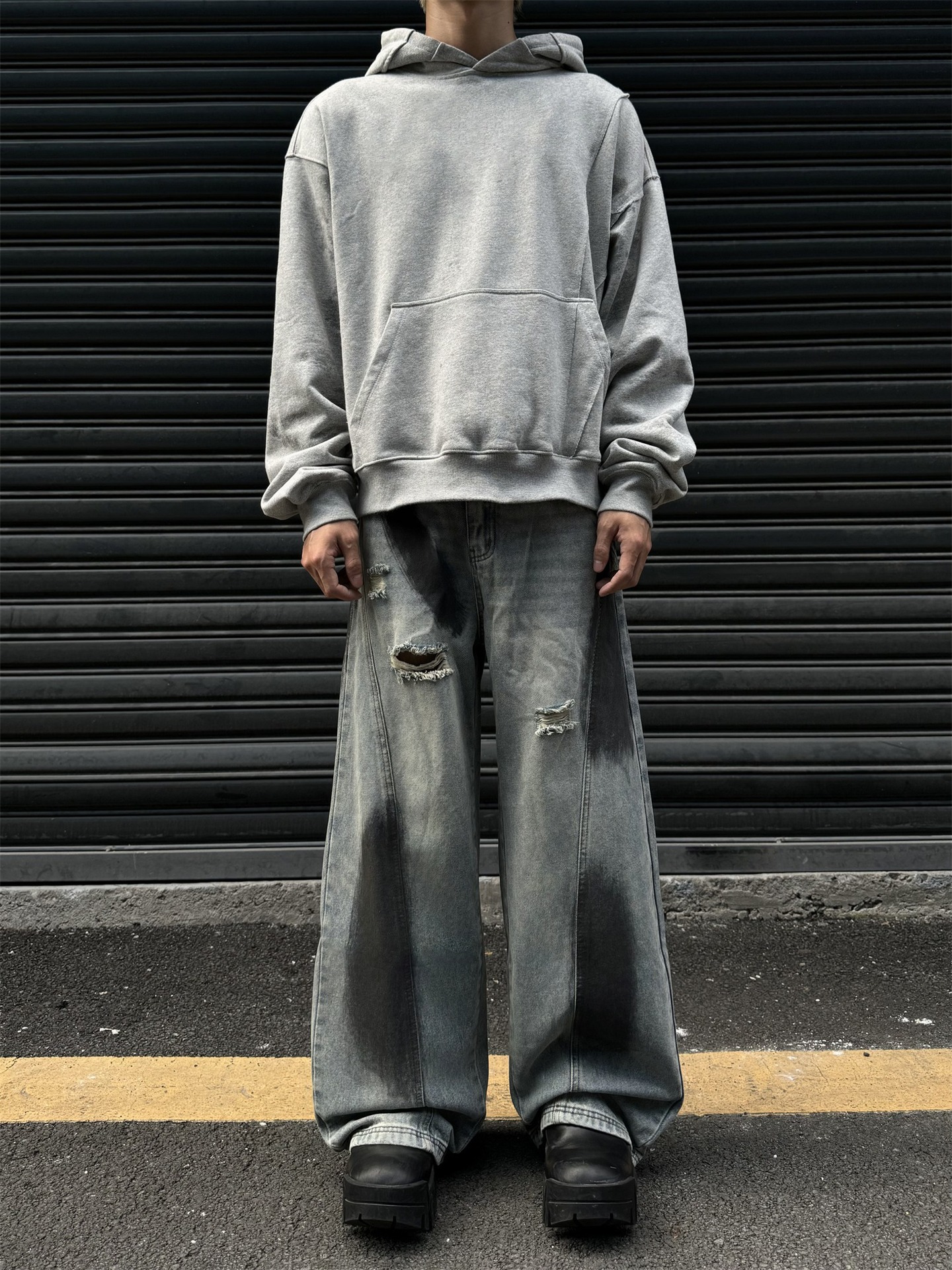 High Street Summer Retro Autumn Vibe Ink Splash Hole Jeans Loose Deconstructed Straight Wide Leg Long Pants_viptrois.com