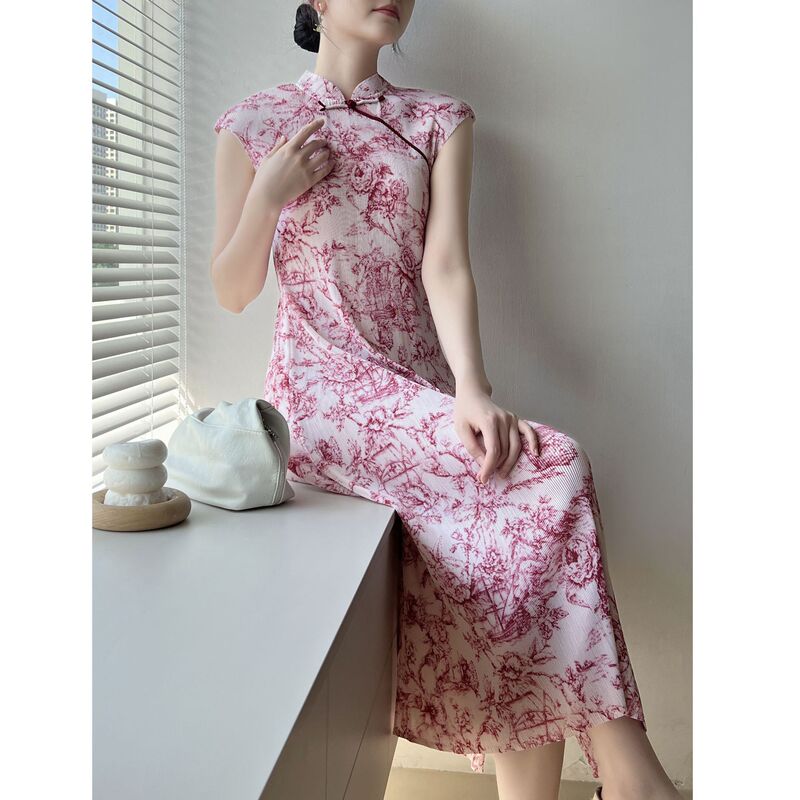 Boutique Quality 2026 Summer Issey Miyake High-End Pleated Dress, New Chinese-Style Qipao, Elegant Retro National Style Dress